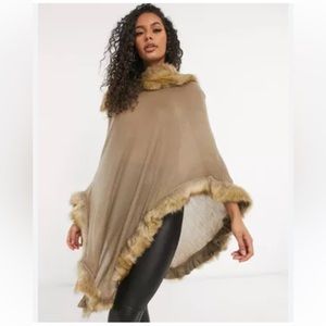 Jayley Faux Fur Trim Fine Knit Dressy Poncho One Size Tan